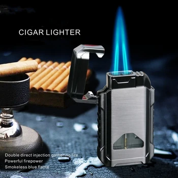 Новая металлическая Ветрозащитная зажигалка для сигар, Мощная зажигалка с 2 струйными горелками, Синее пламя, Турбо-Бутановая Газовая зажигалка, Надувные Гаджеты для курения, подарок