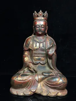 Коллекция Тибетского храма 10 дюймов, Старая бронза, Киноварь, лак, Статуя Бодхисаттвы Гуаньинь, Городской дом Будды
