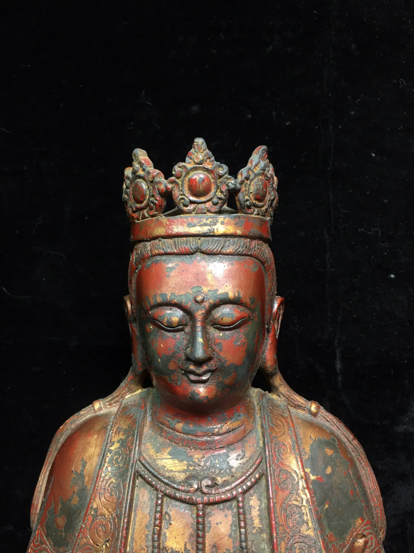 Коллекция Тибетского храма 10 дюймов, Старая бронза, Киноварь, лак, Статуя Бодхисаттвы Гуаньинь, Городской дом Будды 1