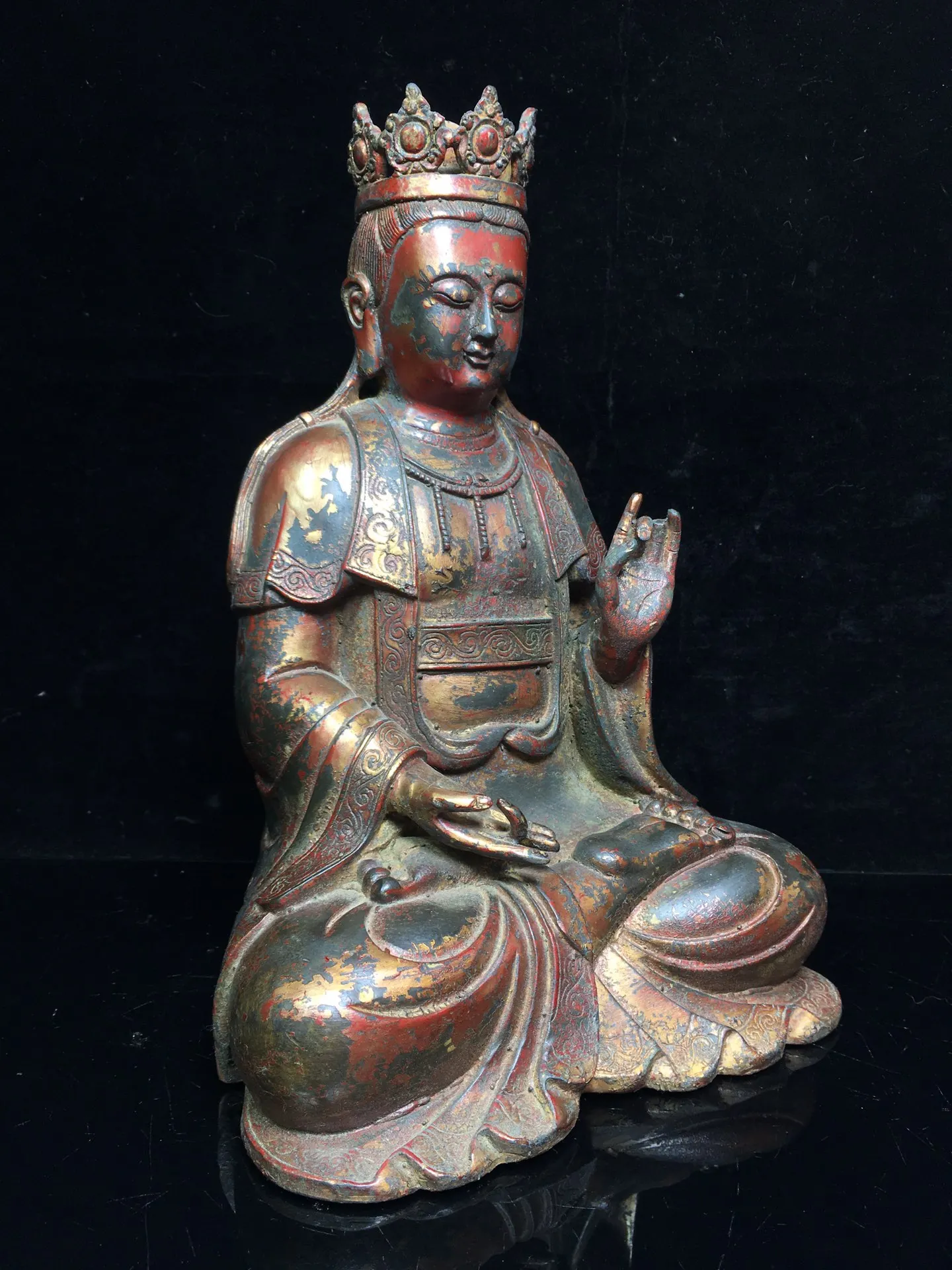 Коллекция Тибетского храма 10 дюймов, Старая бронза, Киноварь, лак, Статуя Бодхисаттвы Гуаньинь, Городской дом Будды 3