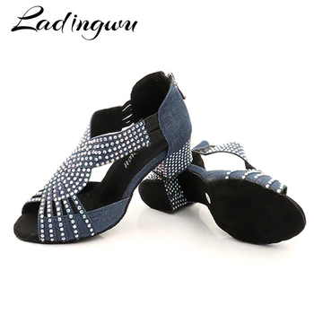 Ladingwu/ Женские туфли для латиноамериканских танцев на низком каблуке для Сальсы, темно-синий Деним, Словосочетание, Блестящие туфли для танцев со стразами, Женские туфли для бальных танцев в помещении