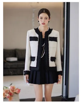 2022, Осеннее OL Элегантное черно-белое пальто в стиле пэчворк, Модные женские твидовые куртки с круглым вырезом и пайетками Высокого качества B885