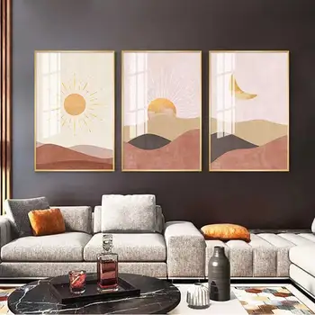 Современное абстрактное украшение в виде Луны и Солнца 3D Настенное искусство для гостиной с принтом из хрусталя, фарфора, стекла с золотой алюминиевой рамкой