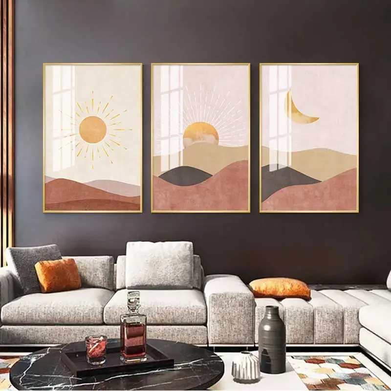 Современное абстрактное украшение в виде Луны и Солнца 3D Настенное искусство для гостиной с принтом из хрусталя, фарфора, стекла с золотой алюминиевой рамкой 0