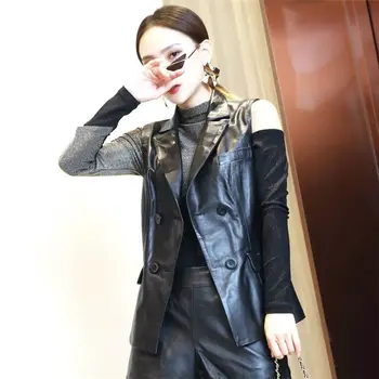 Новый женский модный жилет, весенний женский черный жилет из натуральной кожи, женская повседневная куртка в стиле пэчворк с V-образным вырезом, жилет G213