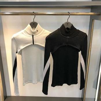 Осень/Зима 2022, Новая рубашка для гольфа, женский вязаный свитер со стоячим воротником, контрастный трикотаж из двух частей, W122414