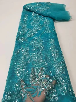 2023 Синяя Высококачественная Африканская Кружевная ткань, Роскошная 3D Кружевная ткань ручной работы с вышивкой бисером, Кружевная ткань для вечернего платья