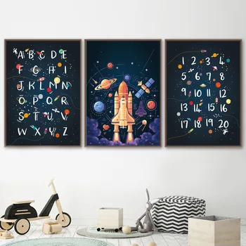 Детский Алфавит, таблица с цифрами, Звездное Небо, Настенное искусство, холст, живопись, Плакаты на скандинавскую тему и принты, Настенные панно, Декор для Детской комнаты