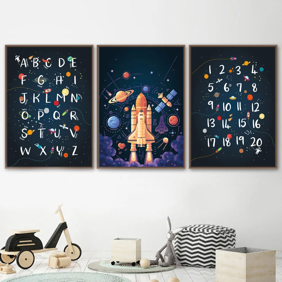 Детский Алфавит, таблица с цифрами, Звездное Небо, Настенное искусство, холст, живопись, Плакаты на скандинавскую тему и принты, Настенные панно, Декор для Детской комнаты 0