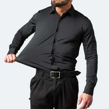 6xl Новая осенне-зимняя мужская деловая повседневная рубашка с длинными рукавами из эластичной ткани, не содержащая железа, однотонная мерсеризованная вертикальная рубашка