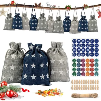 Адвент-календарь, 24 рождественских календаря, тканевые сумки с цифрами, наклейки, джутовые мешки, которые можно наполнить самостоятельно и повесить