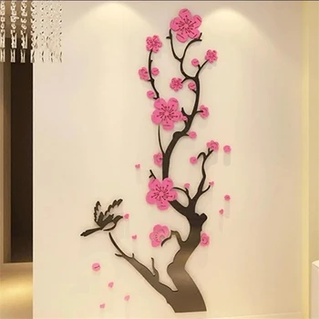 3D наклейки на стену в китайском стиле, наклейки с цветами Сливы, украшения для дома, гостиной, столовой, Наклейки для декора стен, Акриловые