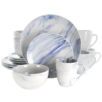 Набор посуды из керамогранита из тонкого мрамора 16 шт. синего и белого цветов