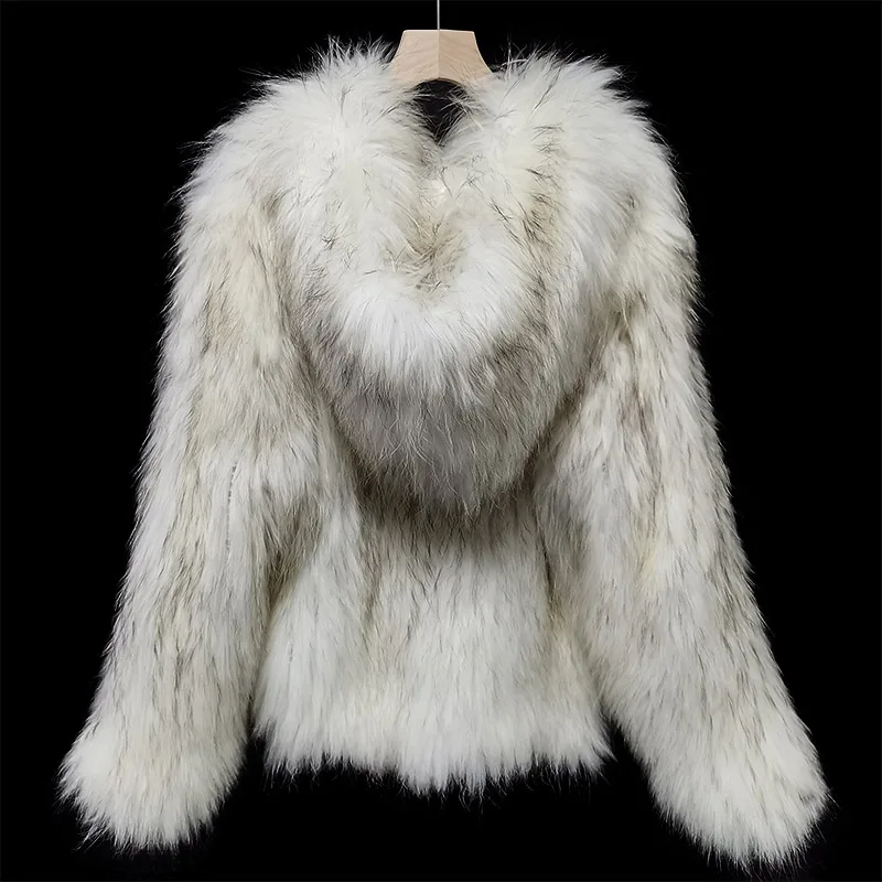 2023 Новая женская шуба из 100% меха енота в классическом стиле, зимняя куртка из натурального меха енота, женская вязаная шуба из натурального меха 5