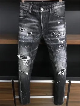 Новые джинсы Мужские черные облегающие Маленькие ножки Повседневные микроэластичные Износ и стирка в швах