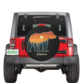 Чехол для шины Bear Sunset Jeep, чехол для запасного колеса, Сосновые деревья, горы, Уникальный дизайн, Задняя шина для фургона, авантюрный подарок