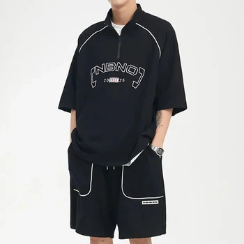2023 Летний Повседневный спортивный костюм из Тонких Вафель Y2K в стиле Уличный хип-хоп, Рубашка-поло с короткими рукавами, Шорты, Костюм-двойка, Мужская одежда