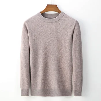 Мужские умные повседневные пуловеры с круглым вырезом из 100% шерсти высшего качества, Осенне-зимний плотный теплый однотонный вязаный свитер