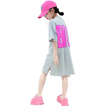 Летняя стильная футболка с длинными рукавами для девочек, Свободная Модная Футболка с разрезом, Повседневные топы с надписью для подростков, Футболки, Корейская детская одежда от 4 до 14 лет