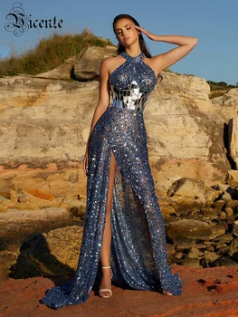 VC Длинное платье Макси с геометрическими блестками, Женское Летнее Сексуальное Платье с высоким разрезом 2022, Vestidos