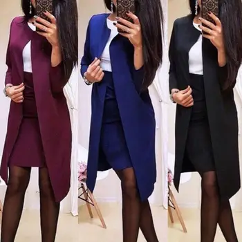 2 шт., Офисный женский осенний модный однотонный длинный Блейзер, куртка, облегающая мини-юбка, костюм, деловые костюмы для женщин