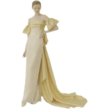 2022 Платье для тоста Невесты, французское вечернее платье для банкета знаменитостей без бретелек, золотое вечернее платье