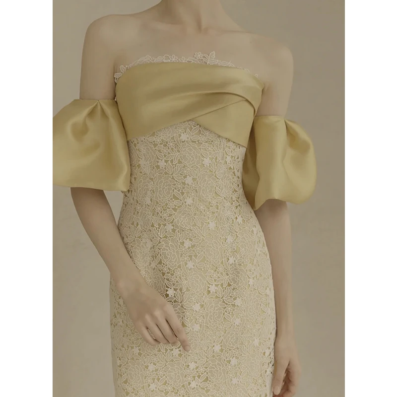 2022 Платье для тоста Невесты, французское вечернее платье для банкета знаменитостей без бретелек, золотое вечернее платье 1