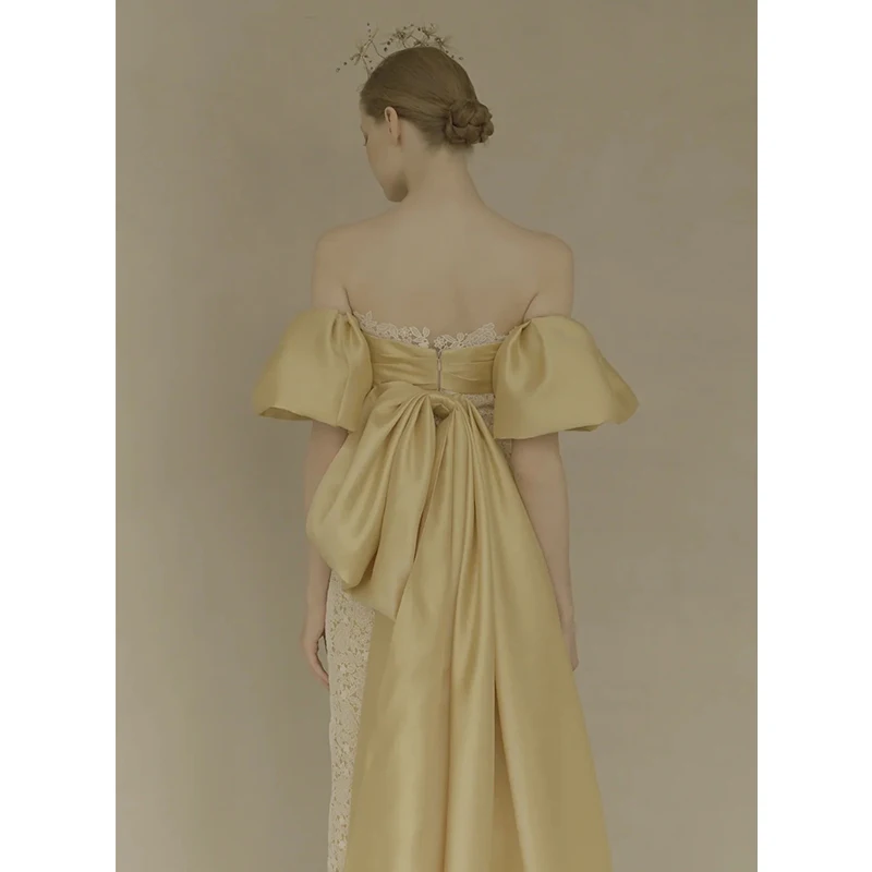2022 Платье для тоста Невесты, французское вечернее платье для банкета знаменитостей без бретелек, золотое вечернее платье 2