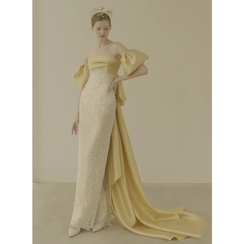 2022 Платье для тоста Невесты, французское вечернее платье для банкета знаменитостей без бретелек, золотое вечернее платье 3