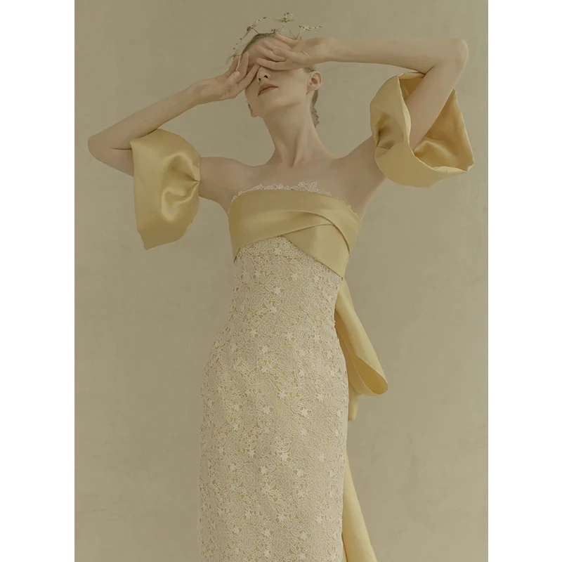 2022 Платье для тоста Невесты, французское вечернее платье для банкета знаменитостей без бретелек, золотое вечернее платье 4