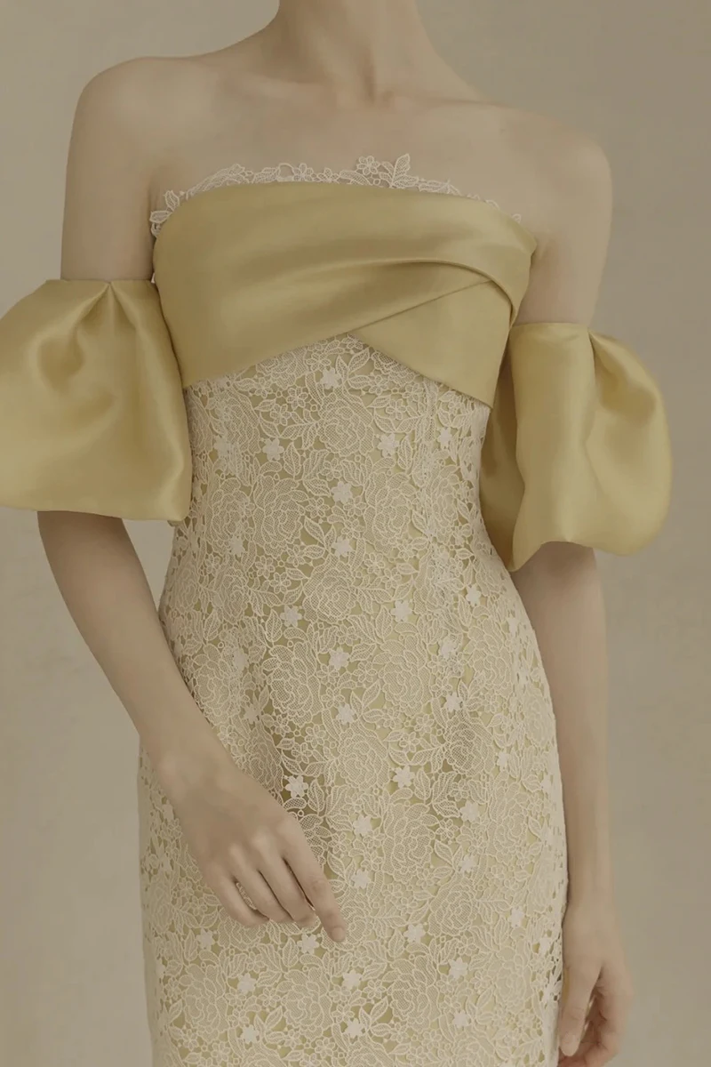 2022 Платье для тоста Невесты, французское вечернее платье для банкета знаменитостей без бретелек, золотое вечернее платье 5