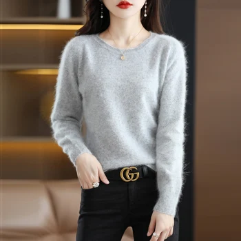 Женский свитер из шерсти норки, пуловер с круглым вырезом, осенне-зимнее вязание, свободный низ, новинка 2022 года, универсальная корейская версия