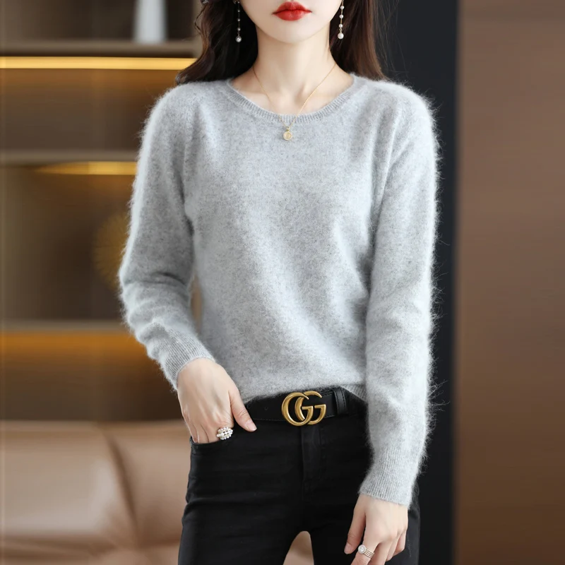 Женский свитер из шерсти норки, пуловер с круглым вырезом, осенне-зимнее вязание, свободный низ, новинка 2022 года, универсальная корейская версия 0