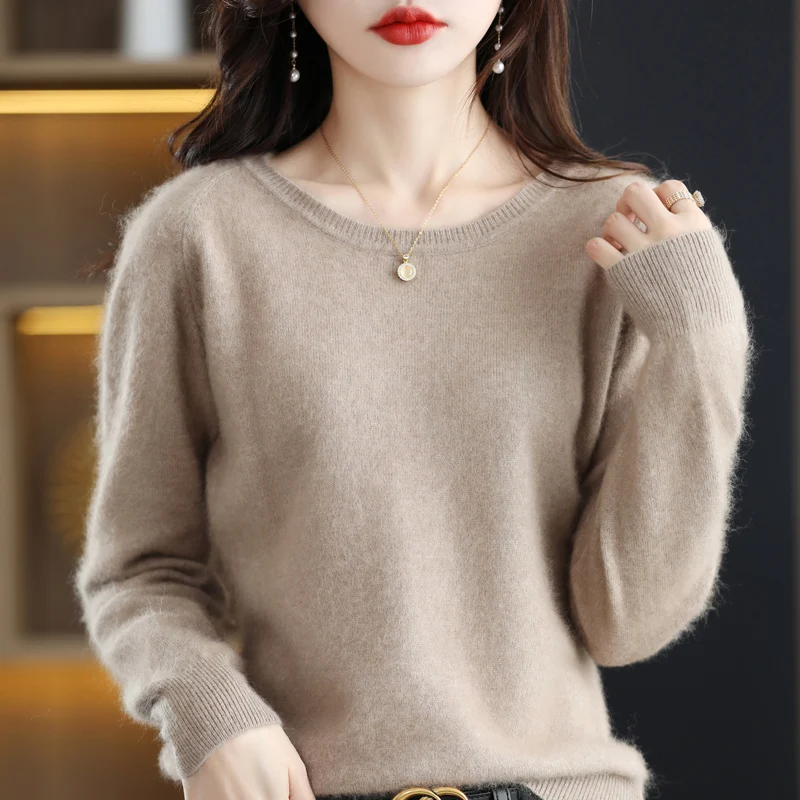 Женский свитер из шерсти норки, пуловер с круглым вырезом, осенне-зимнее вязание, свободный низ, новинка 2022 года, универсальная корейская версия 1