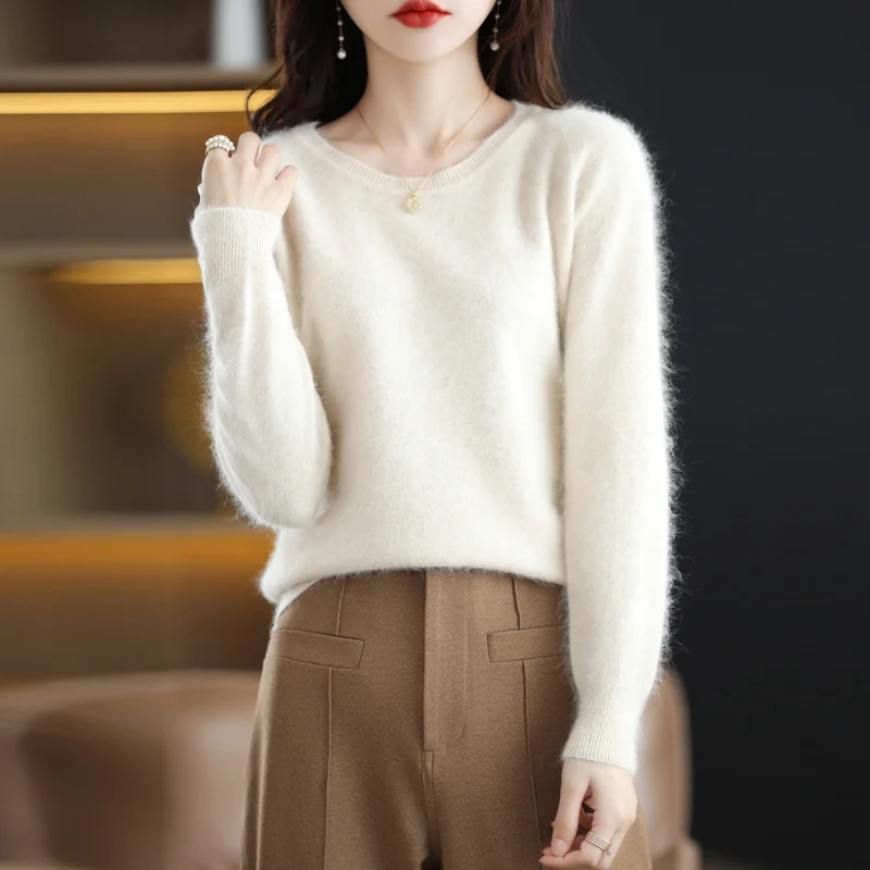 Женский свитер из шерсти норки, пуловер с круглым вырезом, осенне-зимнее вязание, свободный низ, новинка 2022 года, универсальная корейская версия 4