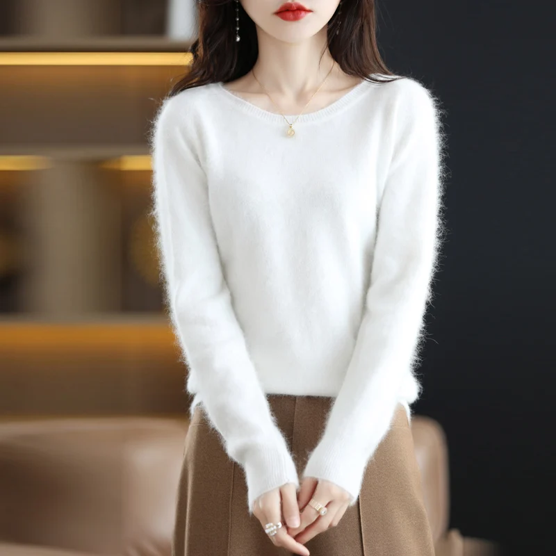 Женский свитер из шерсти норки, пуловер с круглым вырезом, осенне-зимнее вязание, свободный низ, новинка 2022 года, универсальная корейская версия 5