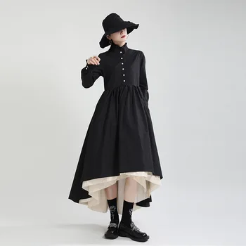 темпераментное платье ранней осени, многоуровневое лоскутное платье в дворцовом стиле со стоячим воротником, однобортная черная юбка Pengpeng
