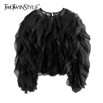 TWOTWINSTYLE, винтажная рубашка в стиле пэчворк с рюшами, женская рубашка с круглым вырезом и длинным рукавом-фонариком, однотонная элегантная блузка, женская мода, Новый стиль
