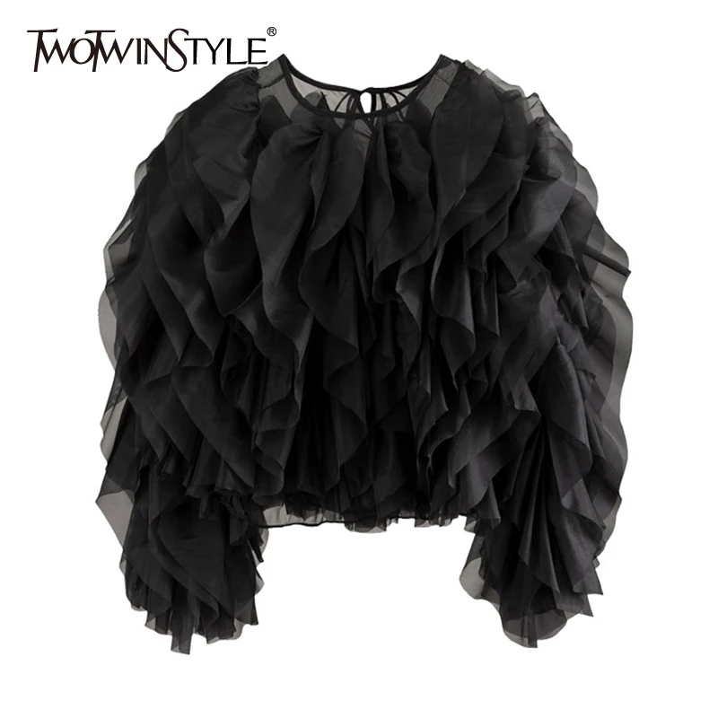 TWOTWINSTYLE, винтажная рубашка в стиле пэчворк с рюшами, женская рубашка с круглым вырезом и длинным рукавом-фонариком, однотонная элегантная блузка, женская мода, Новый стиль 0