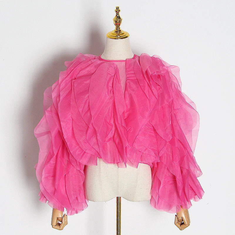 TWOTWINSTYLE, винтажная рубашка в стиле пэчворк с рюшами, женская рубашка с круглым вырезом и длинным рукавом-фонариком, однотонная элегантная блузка, женская мода, Новый стиль 3