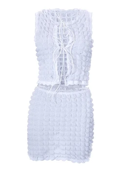 Женский вязаный комплект с юбкой из 2 предметов, открытые топы без рукавов, рубашки, укороченные костюмы с короткой юбкой, летняя пляжная одежда