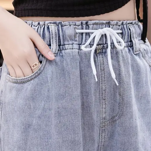 Джинсы с эластичной резинкой на талии, Женские рваные джинсы, корейские брюки с дырками для школьниц 3
