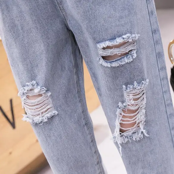 Джинсы с эластичной резинкой на талии, Женские рваные джинсы, корейские брюки с дырками для школьниц 4