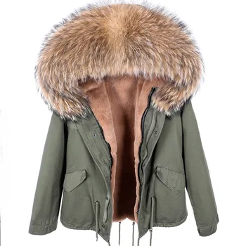MAOMAOKONG 2023 Модное женское пальто с воротником из натурального меха енота, зимняя парка с большим меховым воротником, куртка-бомбер