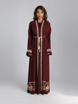 Рамадан Ид Джеллаба Абая Дубай Модные Костюмы-двойки Мусульманское Платье Шелковые Халаты С Вышивкой Мусульманский Ислам Абая WY716