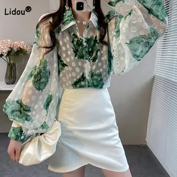 Модная Женская шифоновая рубашка с корейским принтом на пуговицах, Весенняя Женская одежда, Повседневная Свободная Блузка-поло с длинным рукавом-фонариком