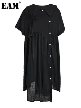 [EAM] Женское Черное Асимметричное Плиссированное Платье с Бантом Большого Размера, Новый Отворот, Короткий рукав, Свободный Крой, Мода Tide, Весна-Лето 2023 1DF7138