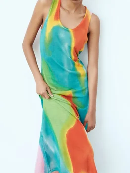 Tie Dye Трикотажные платья-футболки Летняя женская одежда без рукавов с U-образным воротником, свободные длинные Vetidos, женское модное художественное платье миди
