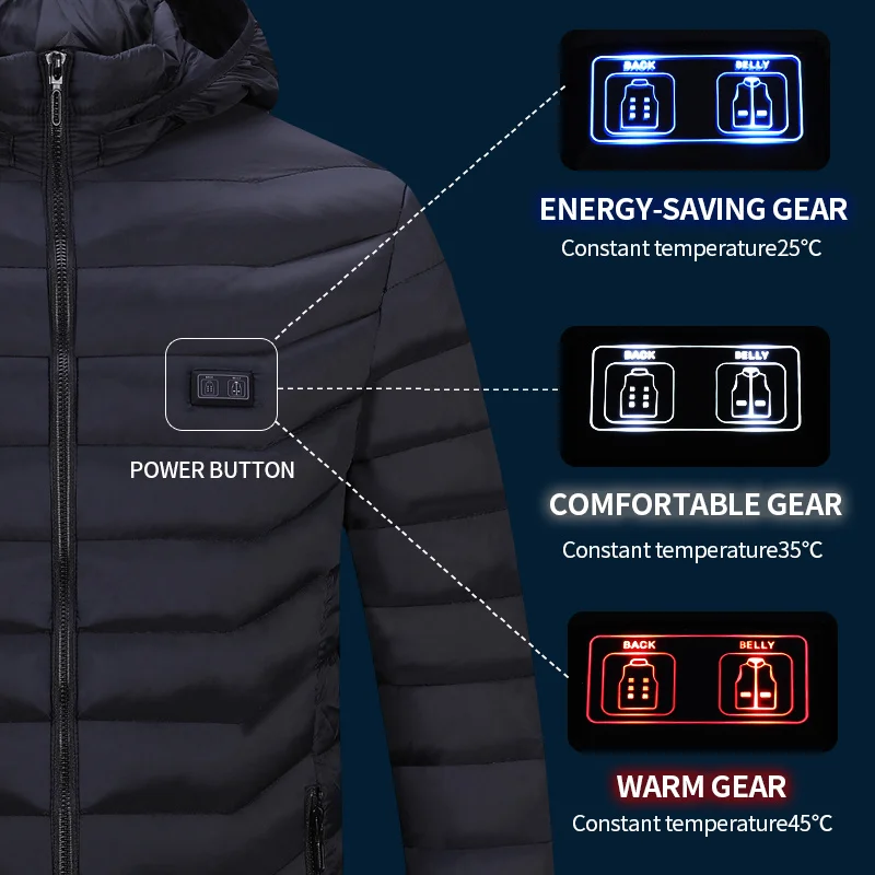Мужские зимние куртки с двойным переключателем, 11 зон, USB-обогреватели, Умный термостат, Одежда с подогревом, Теплые куртки 5